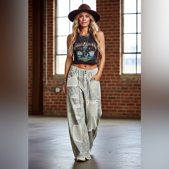 POL Pants - NWT POL Patchwork Boho Patch Crochet Wide Leg Camo Camouflage Pants Jeans